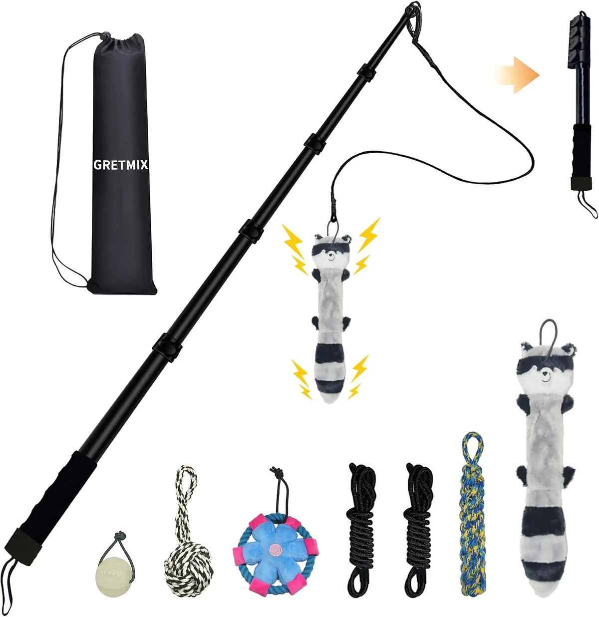 GRETMIX Pro Dog Flirt Pole – Squeaky Plush & 5-Rope Toy Set