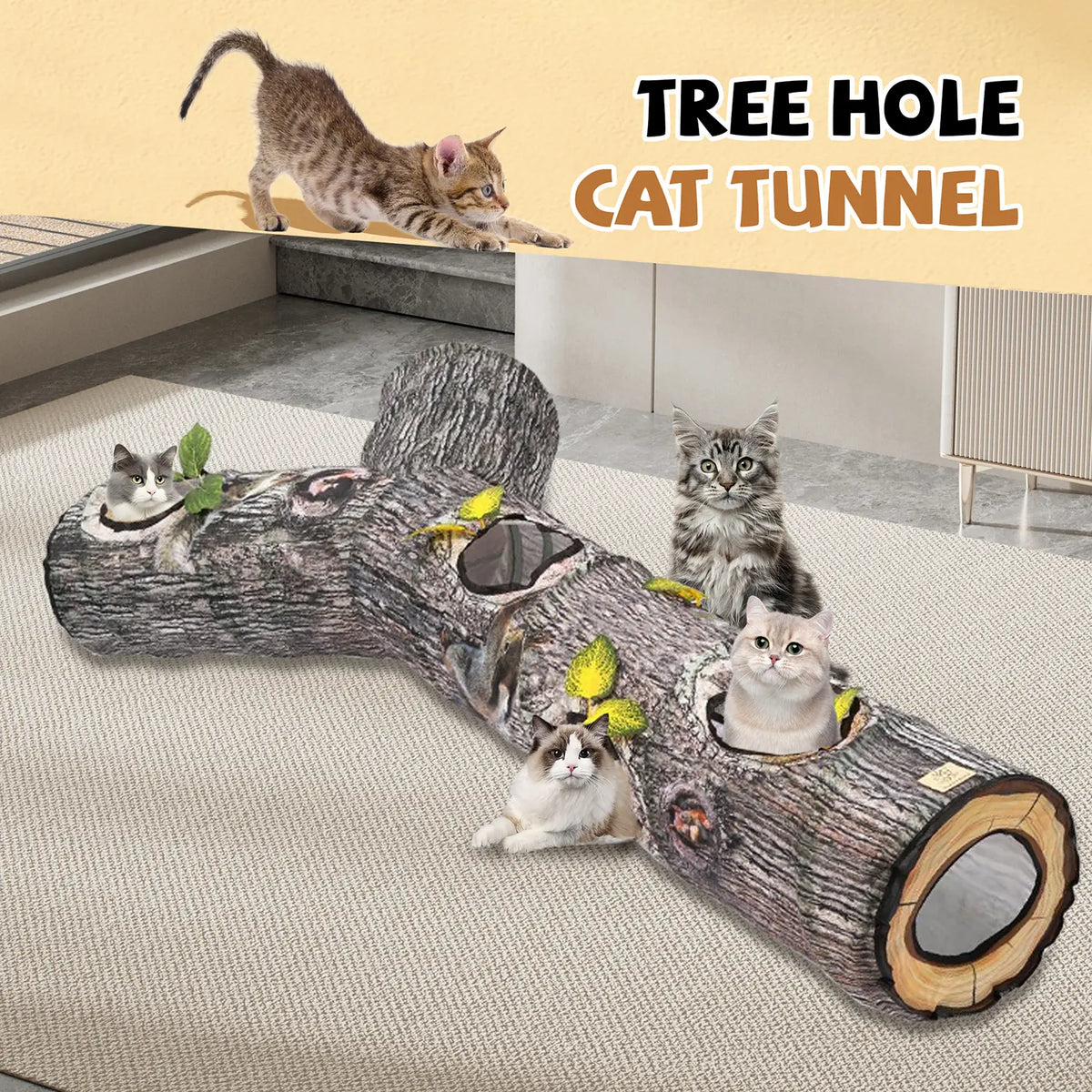GRETMIX Foldable Tree Trunk Cat Tunnel – Interactive Play Tube for Indoor Cats