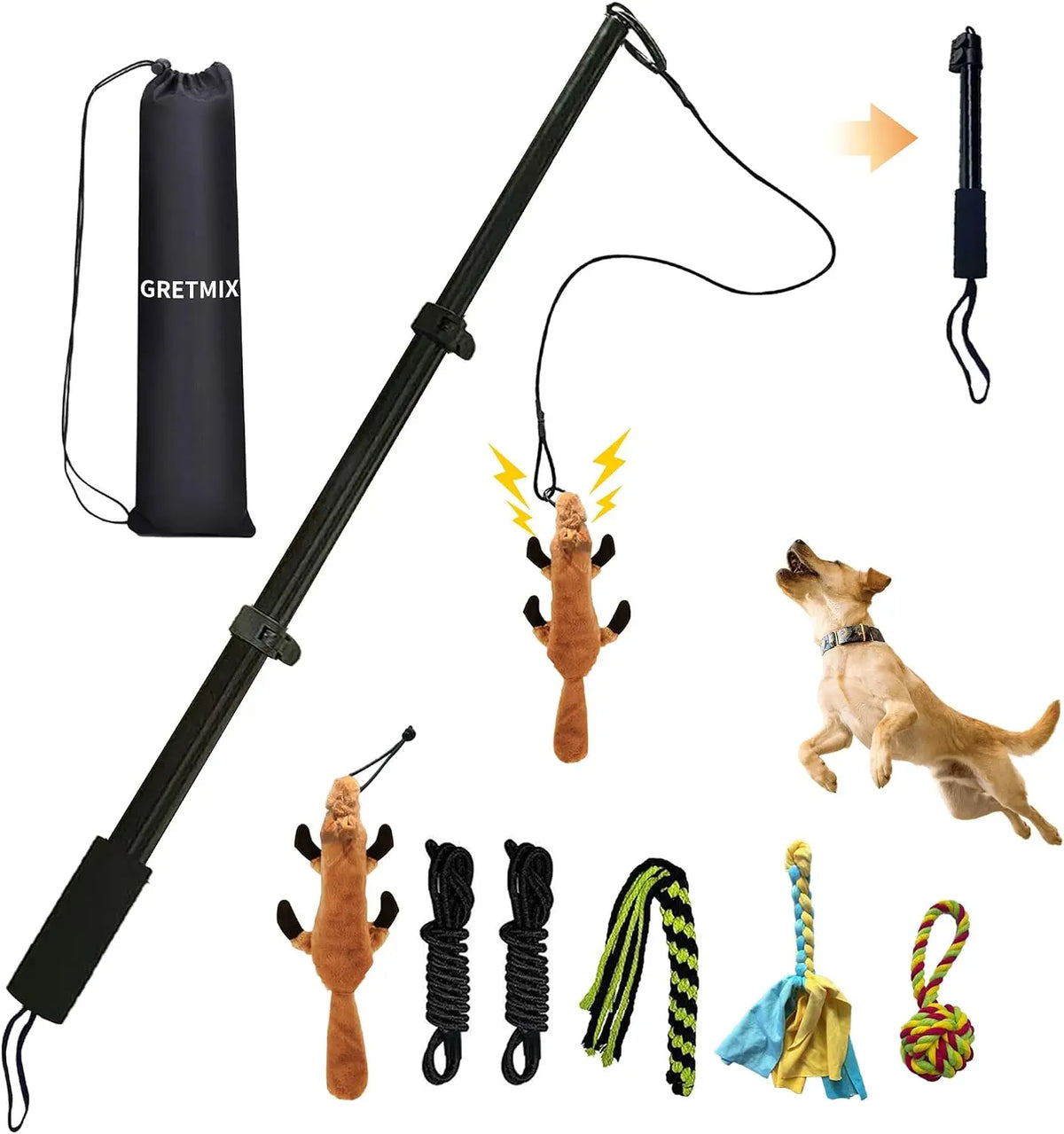 GRETMIX Pro Dog Flirt Pole – Squeaky Plush & 5-Rope Toy Set