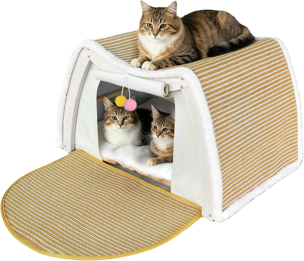 GRETMIX Wooden Cat House Condo with Foldable Scratcher Mat and Curtains