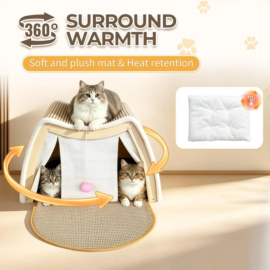 GRETMIX Wooden Cat House Condo with Foldable Scratcher Mat and Curtains