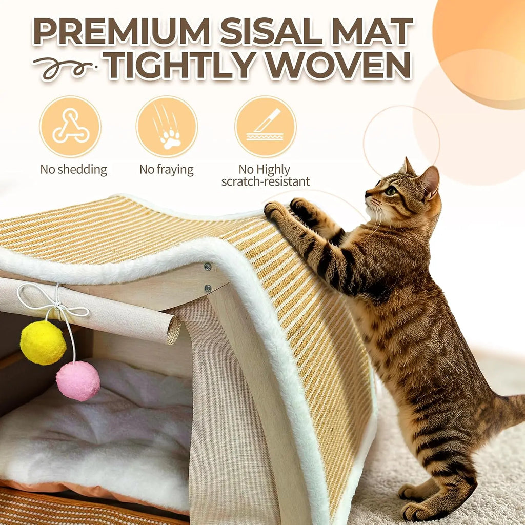GRETMIX Wooden Cat House Condo with Foldable Scratcher Mat and Curtains