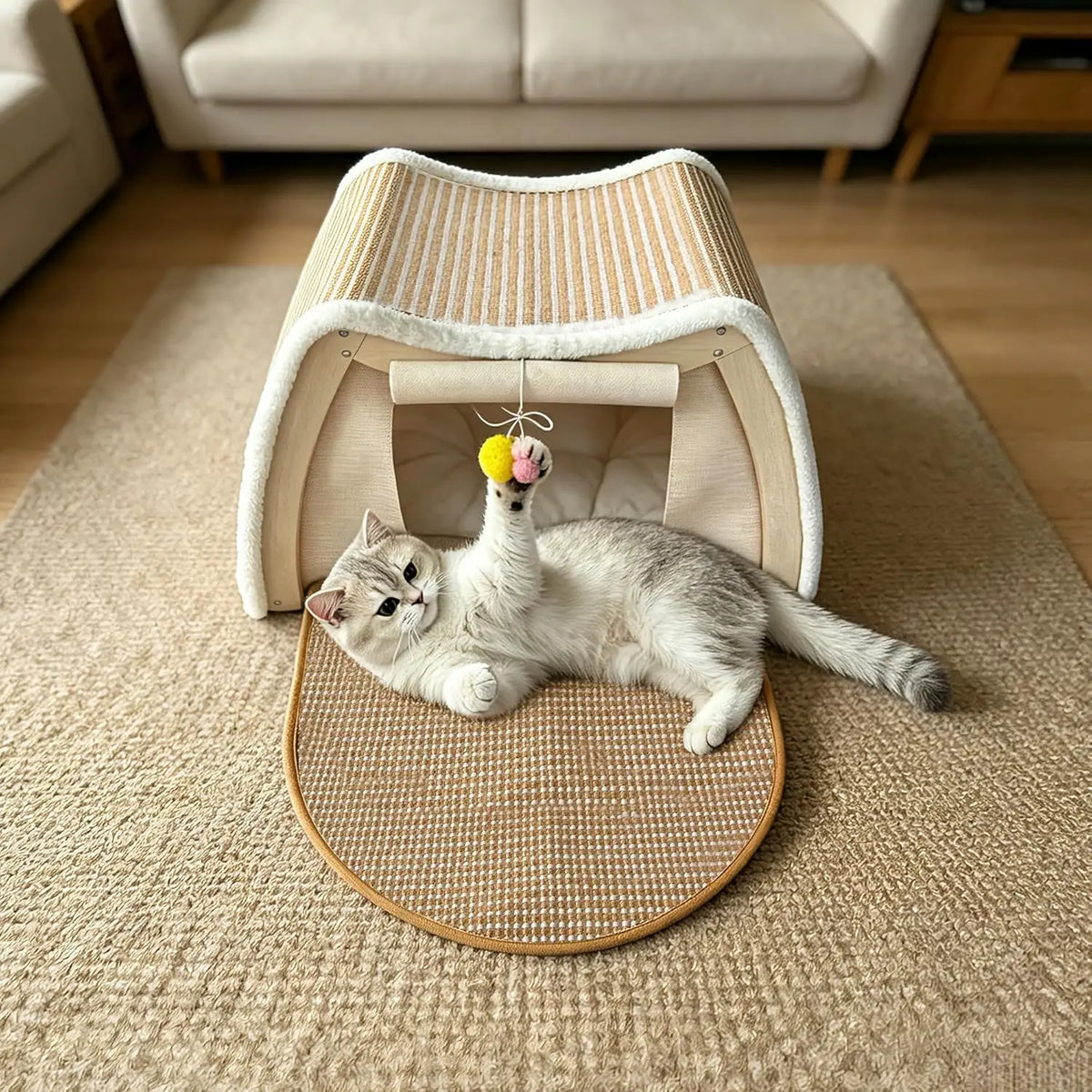 GRETMIX Wooden Cat House Condo with Foldable Scratcher Mat and Curtains