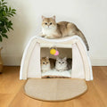 GRETMIX Wooden Cat House Condo with Foldable Scratcher Mat and Curtains