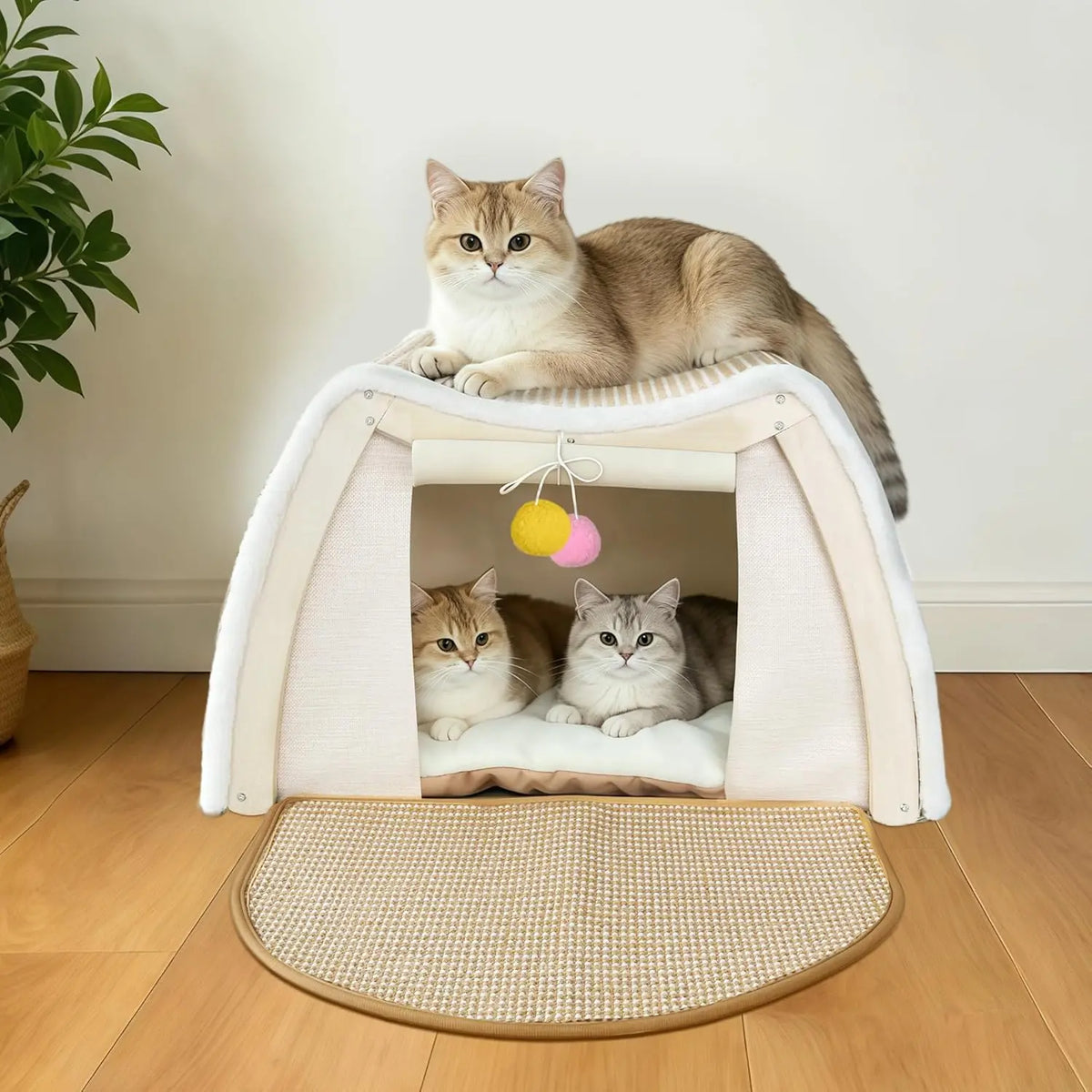 GRETMIX Wooden Cat House Condo with Foldable Scratcher Mat and Curtains