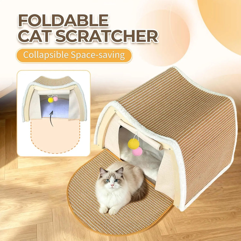 GRETMIX Wooden Cat House Condo with Foldable Scratcher Mat and Curtains