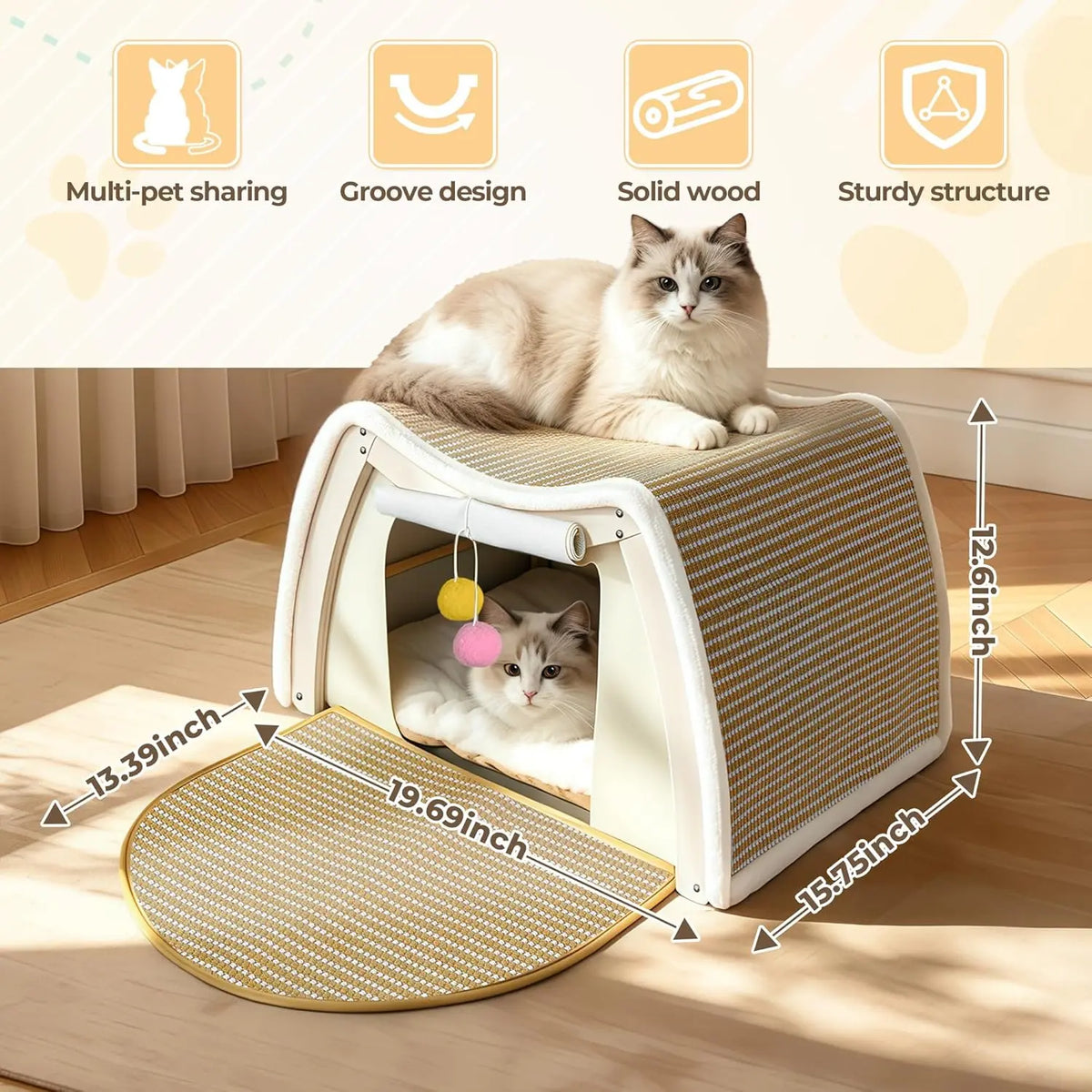 GRETMIX Wooden Cat House Condo with Foldable Scratcher Mat and Curtains